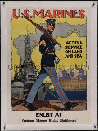 5p1045 U.S. MARINES ACTIVE SERVICE ON LAND & SEA linen 28x39 WWI war poster 1916 Reisenberg art, rare!