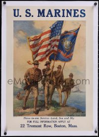 5p1046 U.S. MARINES THREE-IN-ONE SERVICE linen 18x26 WWI war poster 1917 land, sea, and sky, rare!