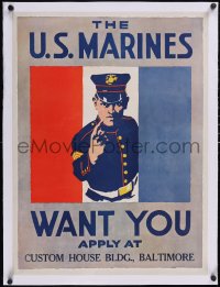 5p1047 U.S. MARINES WANT YOU linen 21x29 WWI war poster 1917 great Charles Buckles Falls art, rare!