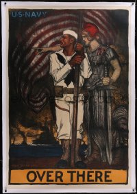 5p0370 U.S. NAVY OVER THERE linen 41x59 WWI war poster 1917 Sterner art of sailor & Columbia, rare!