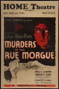 5p0085 MURDERS IN THE RUE MORGUE WC 1932 Grosz art of Bela Lugosi over sexy Sidney Fox, very rare!
