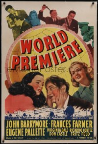 5p0668 WORLD PREMIERE linen 1sh 1941 wacky John Barrymore & sexy Frances Farmer in front of globe!
