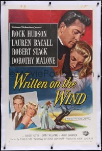 5p0669 WRITTEN ON THE WIND linen 1sh 1956 Brown art of Lauren Bacall, Rock Hudson & Robert Stack!