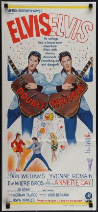 5r0172 DOUBLE TROUBLE Aust daybill 1967 cool mirror image of rockin' Elvis Presley playing guitar!