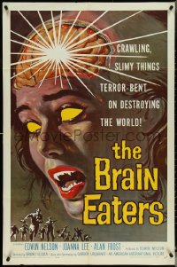 5r0354 BRAIN EATERS 1sh 1958 AIP, classic close-up sci-fi horror art of girl's brain exploding!