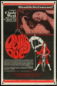 5r0425 DEVIL'S DUE 1sh 1973 Cindy West, art of hooded woman on motorcycle spearing man, ultra rare!