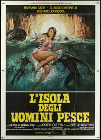 5r0110 SOMETHING WAITS IN THE DARK Italian 2p 1979 cool art of sea monster looming over top cast!