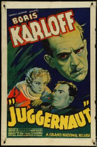 5r0629 JUGGERNAUT 1sh 1937 cool art of Boris Karloff, horror man of the screen without makeup!