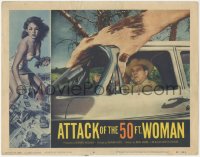 5r1137 ATTACK OF THE 50 FT WOMAN LC #6 1958 special effects image of enormous hand grabbing car!