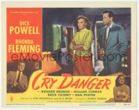 5r1198 CRY DANGER LC #7 1951 Dick Powell stares at pretty angry Rhonda Fleming, film noir!