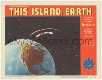 5r1467 THIS ISLAND EARTH LC #5 1955 cool image of alien flying saucer in space hovering over Earth!