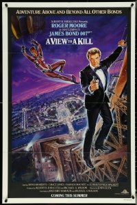 5r0974 VIEW TO A KILL advance 1sh 1985 Moore as James Bond, Jones, Goozee purple background art