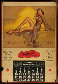 5s0001 ANDOVER CLOTHES calendar 1944 Pearl Fresh pin-up art of a scantily clad woman and her dog!