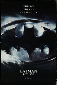 5s0824 BATMAN RETURNS teaser 1sh 1992 Burton, Keaton, The Bat, The Cat, The Penguin, logo design!