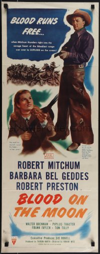 5s0499 BLOOD ON THE MOON insert 1949 art of cowboy Robert Mitchum pointing gun & Barbara Bel Geddes!