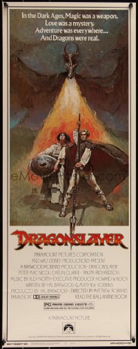 5s0518 DRAGONSLAYER insert 1981 cool Jeff Jones fantasy artwork of Peter MacNicol w/spear & dragon!
