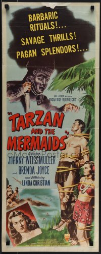5s0607 TARZAN & THE MERMAIDS insert 1948 art of Johnny Weissmuller tied to tree w/sexy Brenda Joyce!