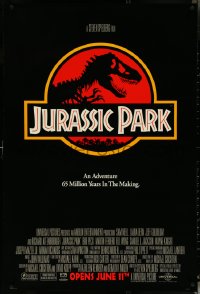 5s0949 JURASSIC PARK advance 1sh 1993 Steven Spielberg, classic logo with T-Rex over red background!