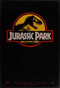 5s0951 JURASSIC PARK teaser 1sh 1993 Steven Spielberg, classic logo with T-Rex over yellow background