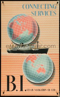 5s0285 B.I. STEAM NAVIGATION COMPANY 24x39 English travel poster 1950s Stewart art of ship & globes!