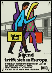 5s0293 INTERRAIL 23x33 German travel poster 1973 couple entering train, Guy Georget artwork!