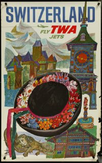 5s0303 TWA SWITZERLAND 25x40 travel poster 1960s wonderful art of hat & landmarks by David Klein!