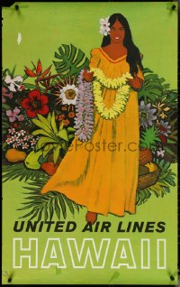 5s0306 UNITED AIR LINES HAWAII 25x40 travel poster 1960s Stan Galli art of pretty woman in dress & lei!