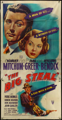 5t0431 BIG STEAL style A 3sh 1949 art of Robert Mitchum, Jane Greer & William Bendix, Don Siegel noir, rare!