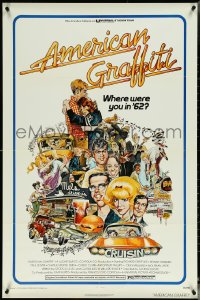 5t0812 AMERICAN GRAFFITI 1sh 1973 George Lucas teen classic, Mort Drucker montage art of cast!