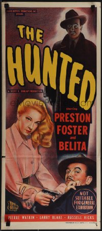 5t0523 HUNTED Aust daybill 1948 art of Preston Foster & sexy Belita with gun!