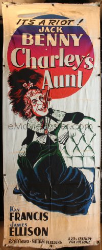 5t0035 CHARLEY'S AUNT silk banner 1941 great art of old lady Jack Benny smoking cigar, ultra rare!