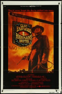 5t0982 HIGH PLAINS DRIFTER 1sh 1973 classic Ron Lesser art of Clint Eastwood holding gun & whip!