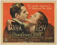 5t0587 BROADWAY BILL TC 1934 Frank Capra horse racing comedy, Warner Baxter & Myrna Loy, ultra rare!