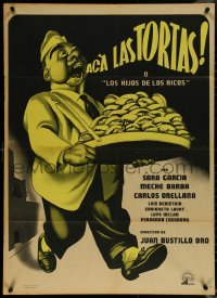 5t0461 ACA LAS TORTAS Mexican poster 1951 Ernesto Garcia Cabral art of man with bakery goods!