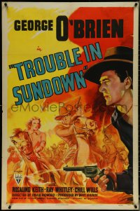 5t1246 TROUBLE IN SUNDOWN 1sh R1947 artwork of cowboy George O'Brien pointing revolver, ultra rare!