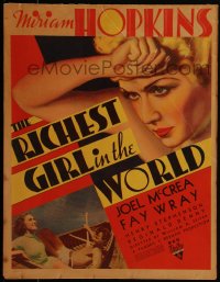 5t0114 RICHEST GIRL IN THE WORLD WC 1934 great art of Miriam Hopkins, and Joel McCrea & Fay Wray!