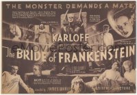 5t0001 BRIDE OF FRANKENSTEIN herald 1935 Boris Karloff & Elsa Lanchester in full makeup, rare!