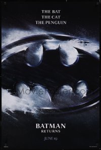 5w0656 BATMAN RETURNS teaser 1sh 1992 Burton, Keaton, The Bat, The Cat, The Penguin, logo design!