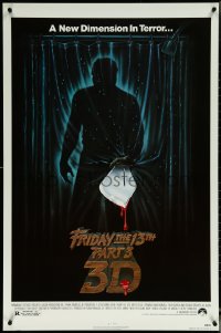 5w0751 FRIDAY THE 13th PART 3 - 3D 1sh 1982 slasher sequel, art of Jason stabbing through shower!