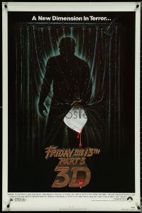 5w0752 FRIDAY THE 13th PART 3 - 3D 1sh R1980s slasher sequel, art of Jason stabbing through shower!