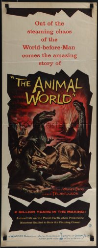 5w0564 ANIMAL WORLD insert 1956 great Rehberger artwork of prehistoric dinosaurs & erupting volcano!