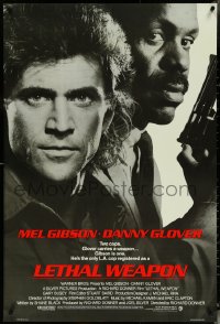 5w0852 LETHAL WEAPON advance 1sh 1987 great close image of cop partners Mel Gibson & Danny Glover!