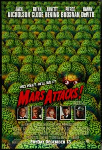 5w0881 MARS ATTACKS! advance DS 1sh 1996 directed by Tim Burton, great image of brainy aliens & cast