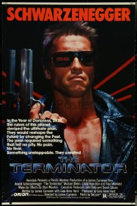 5w1030 TERMINATOR 1sh 1984 close up of classic cyborg Arnold Schwarzenegger with gun, border style!