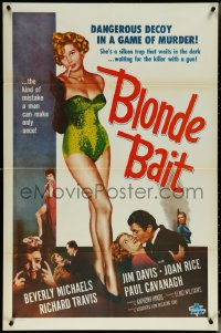 5y1053 BLONDE BAIT 1sh R1950s sexy smoking bad girl Beverly Michaels is a silken trap!
