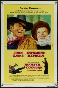 5y1359 ROOSTER COGBURN int'l 1sh 1975 great art of John Wayne & Katharine Hepburn!