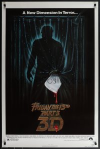 5z0400 FRIDAY THE 13th PART 3 - 3D 1sh 1982 slasher sequel, art of Jason stabbing through shower!