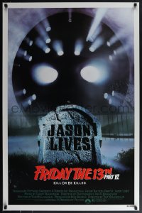 5z0401 FRIDAY THE 13th PART VI 1sh 1986 Jason Lives, cool image of hockey mask over tombstone!