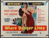 5z0869 WHERE DANGER LIVES style A 1/2sh 1950 Robert Mitchum grabbing Faith Domergue with gun!