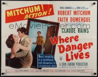 5z0868 WHERE DANGER LIVES style B 1/2sh 1950 Robert Mitchum grabbing Faith Domergue, Rains w/gun!
